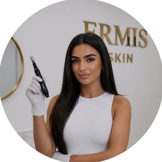 Olivia Isabella, founder of Ermis Skin, holding a microneedling pen in the clinic